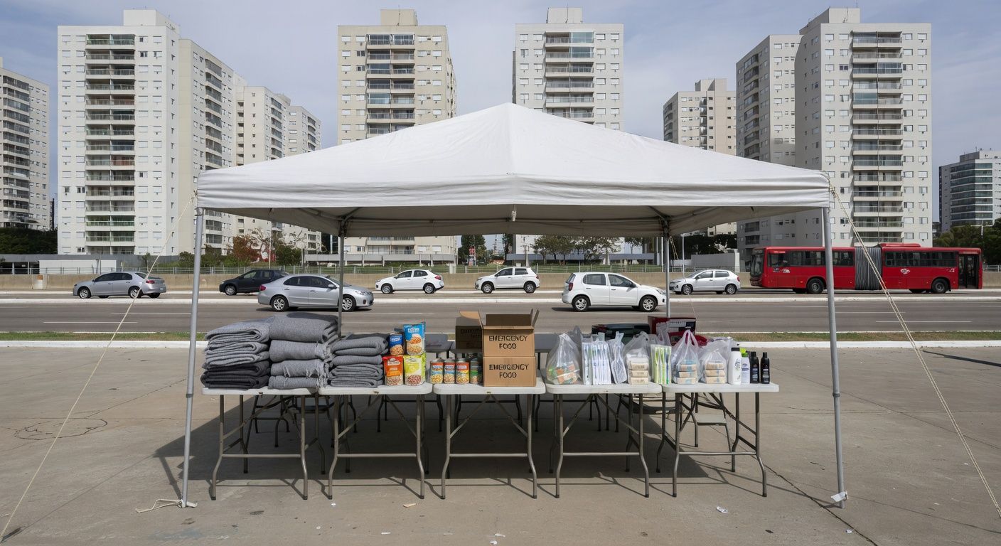 Tenda de acolhimento e assistência social do GDF em praça de Águas Claras, com suprimentos para população de rua.