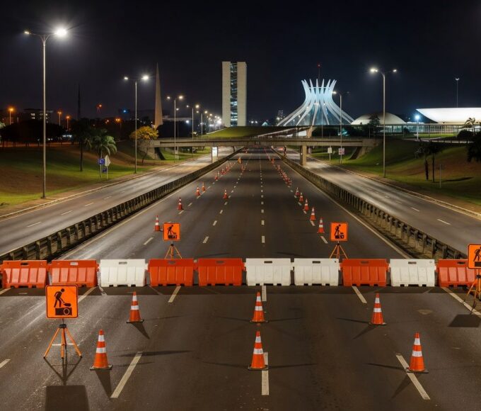 Viaduto Buraco do Tatu interditado à noite em Brasília para manutenção, com cones e barreiras de sinalização.