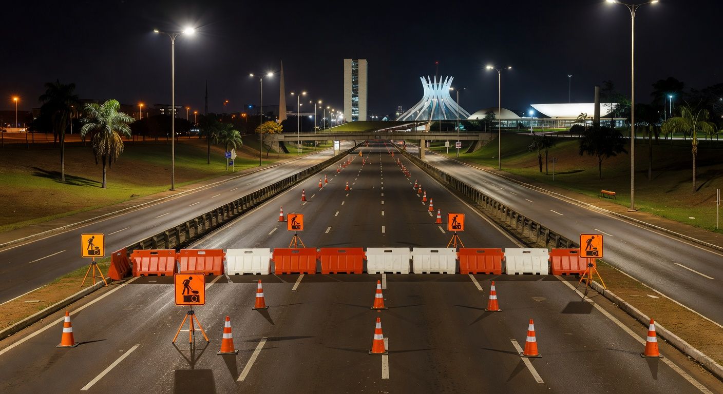 Viaduto Buraco do Tatu interditado à noite em Brasília para manutenção, com cones e barreiras de sinalização.