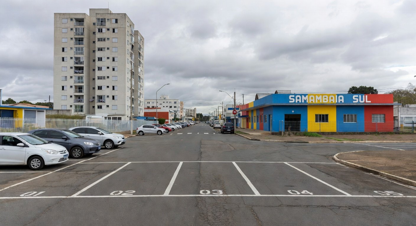 Rua em Samambaia com vagas de estacionamento, ilustrando disputa por vaga que levou a assassinato de empresário.