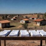 Paisagem residencial em Planaltina com casas e documentos simbólicos de regularização fundiária no Distrito Federal.