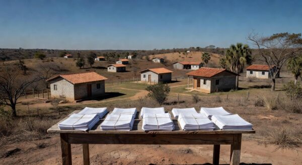 Paisagem residencial em Planaltina com casas e documentos simbólicos de regularização fundiária no Distrito Federal.