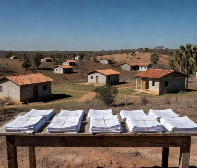 Paisagem residencial em Planaltina com casas e documentos simbólicos de regularização fundiária no Distrito Federal.