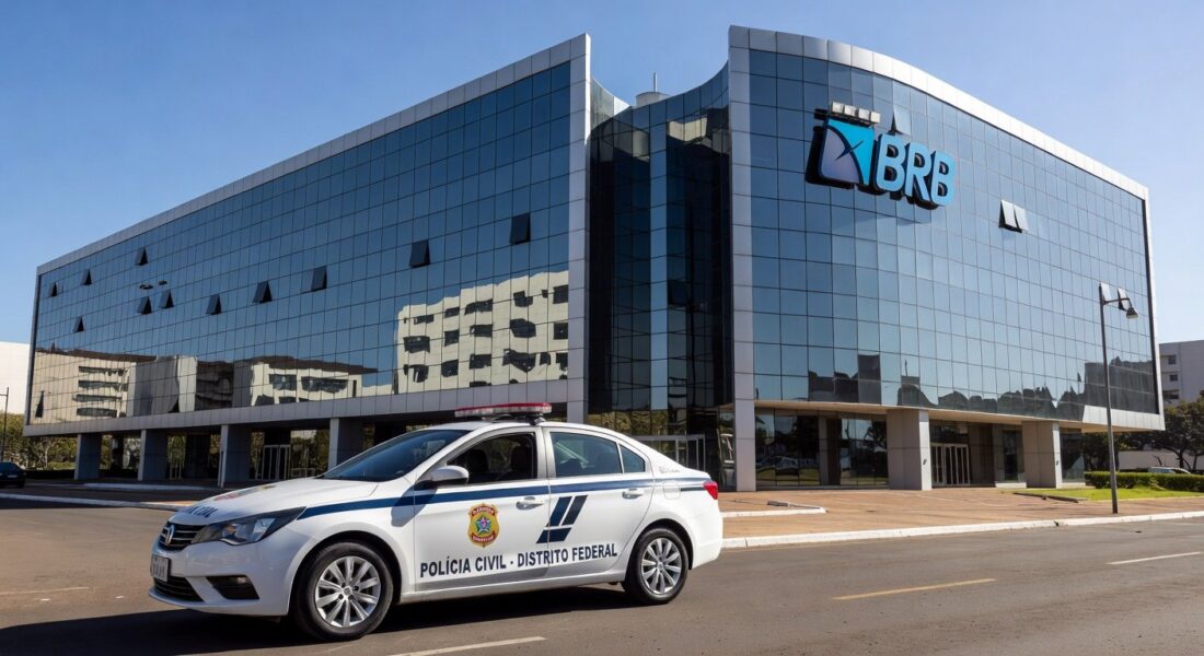 Viatura da Polícia Civil em frente ao prédio do Banco de Brasília, representando operação contra fraudes.