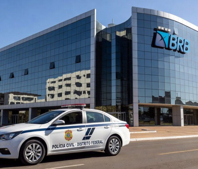 Viatura da Polícia Civil em frente ao prédio do Banco de Brasília, representando operação contra fraudes.