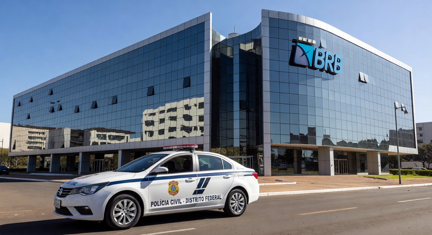 Viatura da Polícia Civil em frente ao prédio do Banco de Brasília, representando operação contra fraudes.