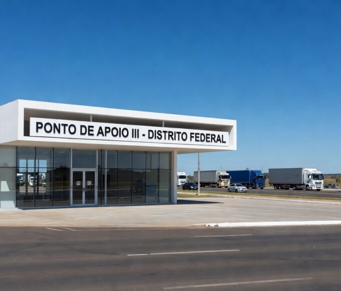 Edifício moderno de ponto de apoio a motoristas inaugurado pelo MTE no DF, com arquitetura de Brasília e rodovia ao fundo.