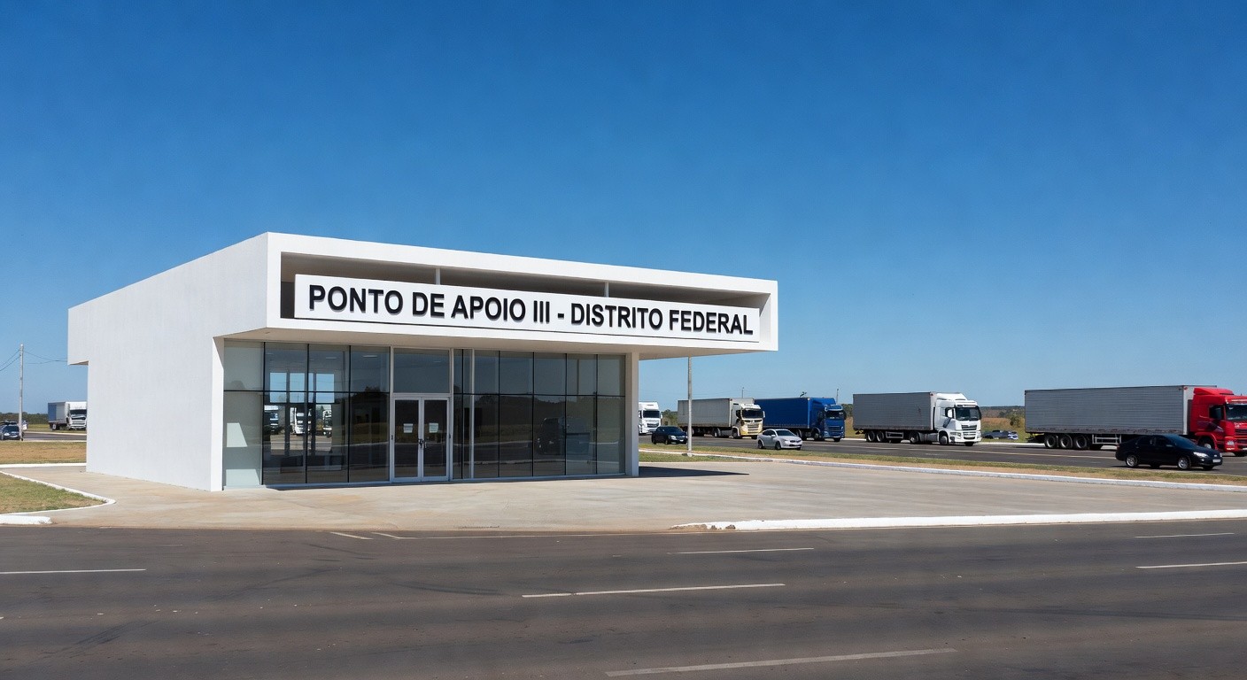 Edifício moderno de ponto de apoio a motoristas inaugurado pelo MTE no DF, com arquitetura de Brasília e rodovia ao fundo.