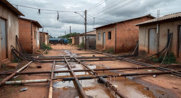 Rua em Sucupira com ligações clandestinas de água expostas e viaturas da Caesb, ilustrando força-tarefa do GDF contra irregularidades.