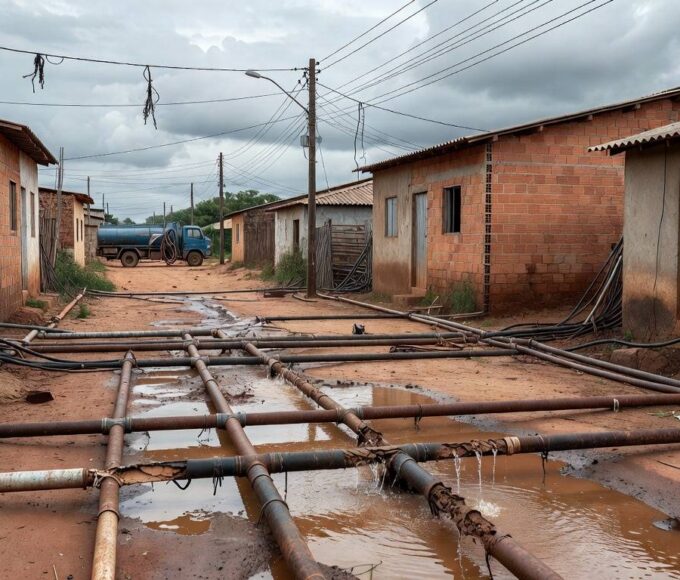Rua em Sucupira com ligações clandestinas de água expostas e viaturas da Caesb, ilustrando força-tarefa do GDF contra irregularidades.