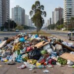 Descarte irregular de resíduos em área urbana de Águas Claras, com viatura da Polícia Militar do DF.
