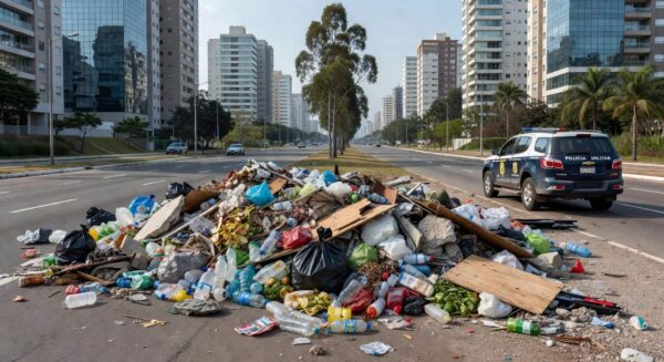 Descarte irregular de resíduos em área urbana de Águas Claras, com viatura da Polícia Militar do DF.