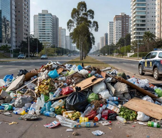 Descarte irregular de resíduos em área urbana de Águas Claras, com viatura da Polícia Militar do DF.