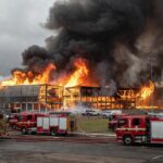 Incêndio no bloco C da Feira dos Importados em Brasília com viaturas de bombeiros mobilizadas e fumaça densa.