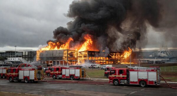 Incêndio no bloco C da Feira dos Importados em Brasília com viaturas de bombeiros mobilizadas e fumaça densa.