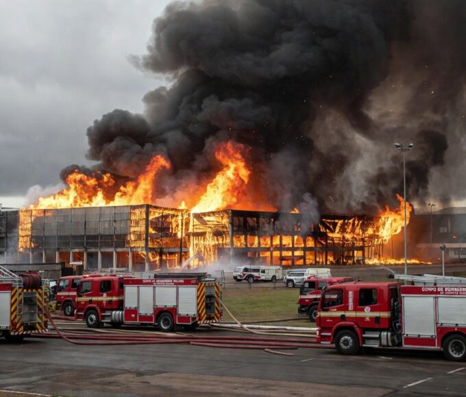 Incêndio no bloco C da Feira dos Importados em Brasília com viaturas de bombeiros mobilizadas e fumaça densa.