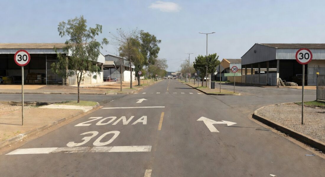 Placas de zona 30 e sentido único no Setor de Indústrias do Gama em Brasília