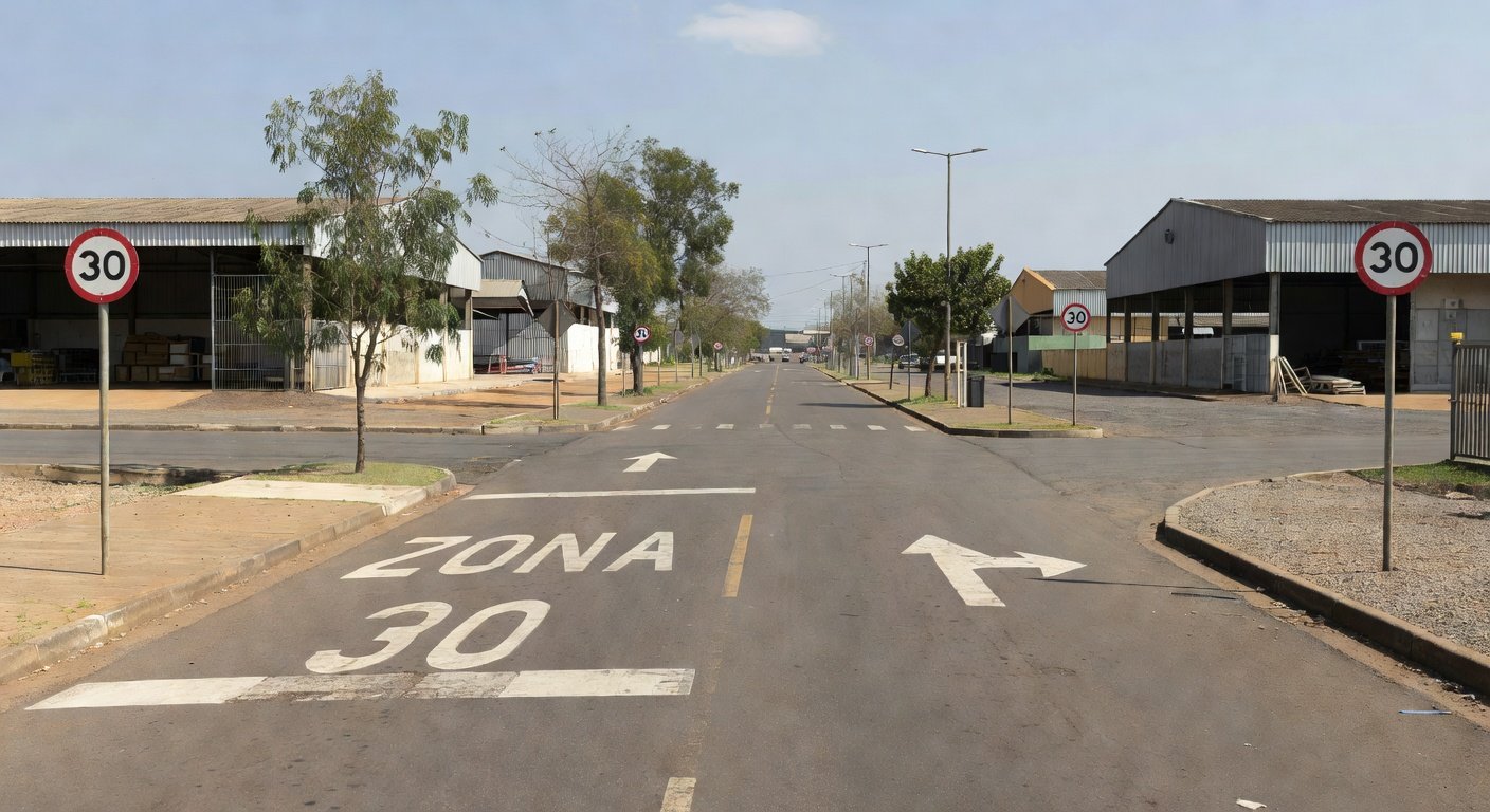 Placas de zona 30 e sentido único no Setor de Indústrias do Gama em Brasília