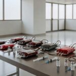Bolsas de sangue no Hemocentro de Brasília representando doadores e vacinação prioritária no DF