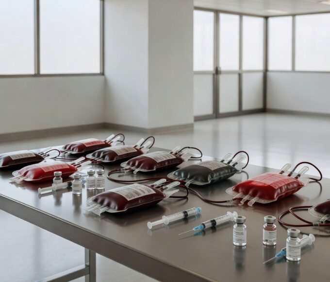 Bolsas de sangue no Hemocentro de Brasília representando doadores e vacinação prioritária no DF