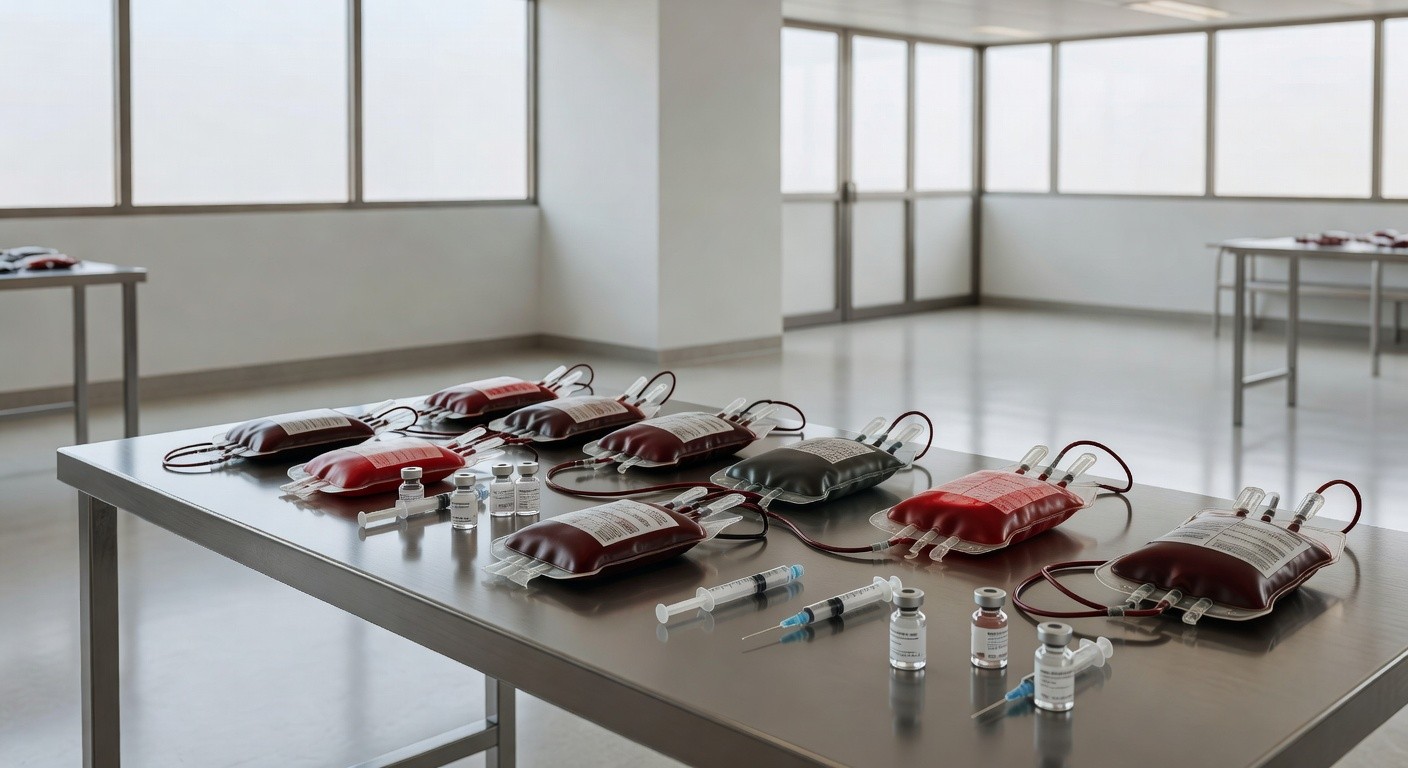 Bolsas de sangue no Hemocentro de Brasília representando doadores e vacinação prioritária no DF