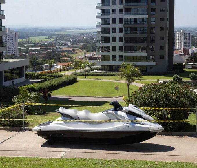 Jet ski isolado por fita policial em condomínio de luxo em Águas Claras