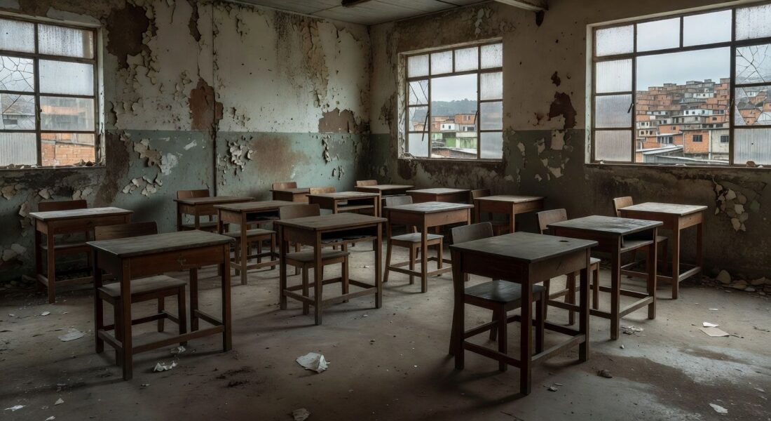 Sala de aula abandonada em escola pública brasileira evidenciando fracasso das políticas para educação de jovens e adultos