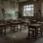 Sala de aula abandonada em escola pública brasileira evidenciando fracasso das políticas para educação de jovens e adultos
