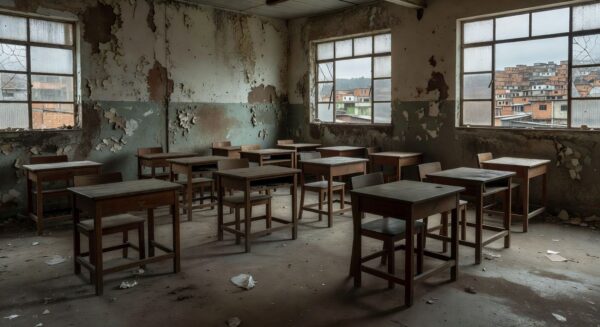 Sala de aula abandonada em escola pública brasileira evidenciando fracasso das políticas para educação de jovens e adultos