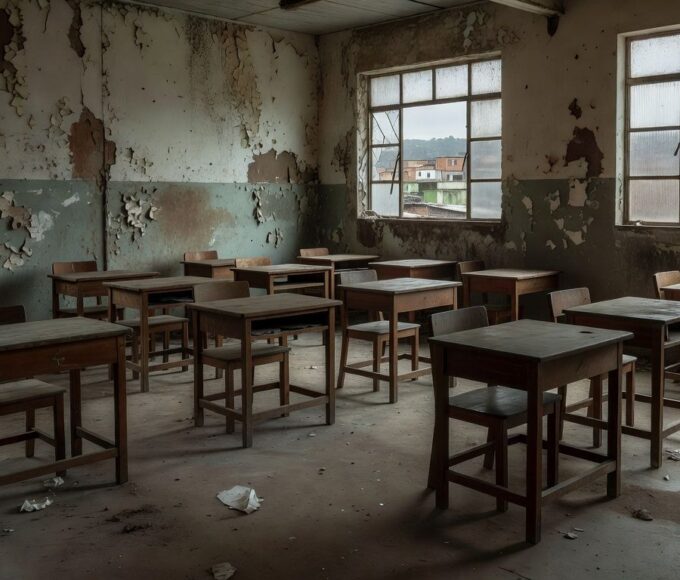 Sala de aula abandonada em escola pública brasileira evidenciando fracasso das políticas para educação de jovens e adultos