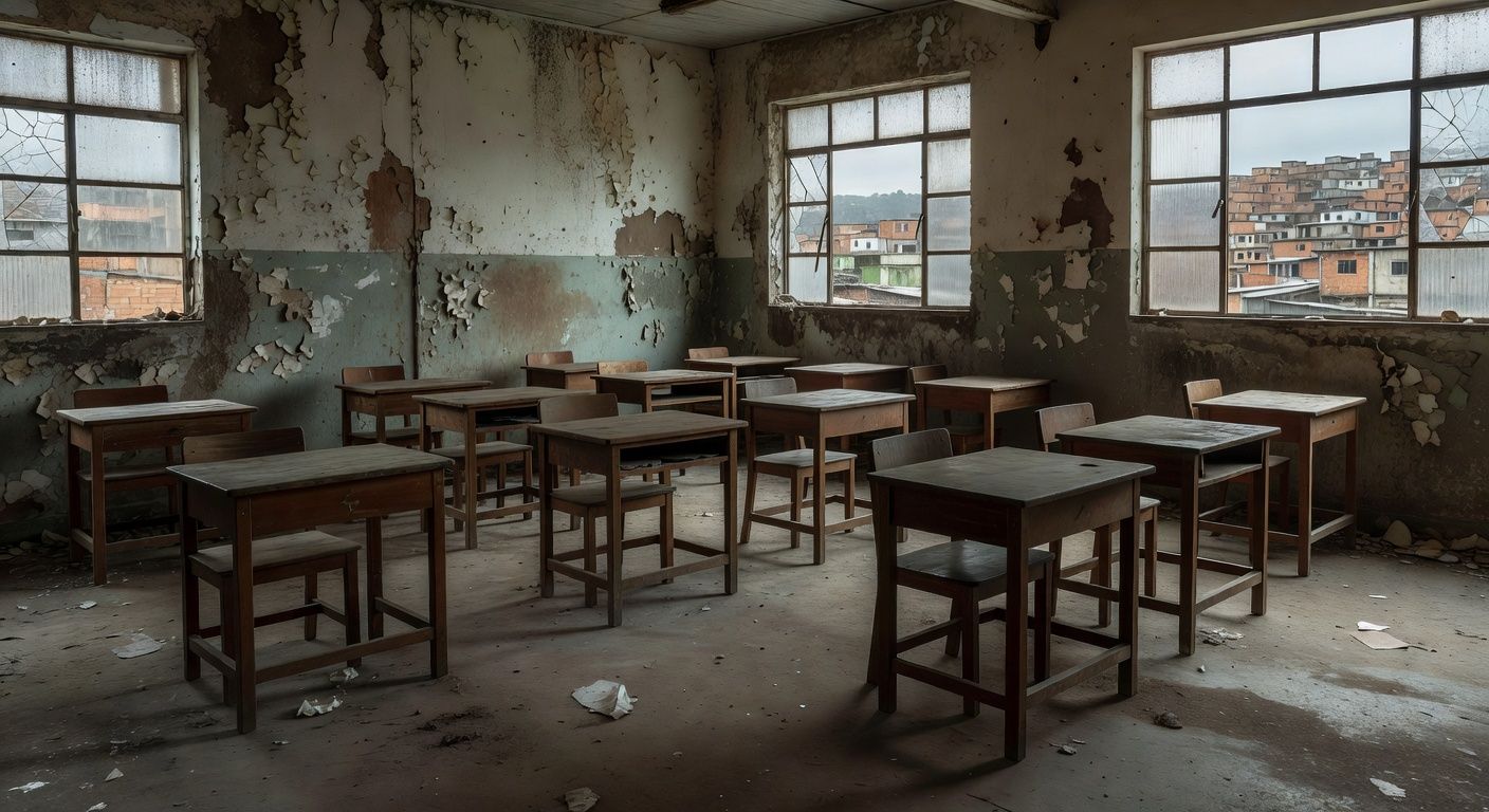 Sala de aula abandonada em escola pública brasileira evidenciando fracasso das políticas para educação de jovens e adultos