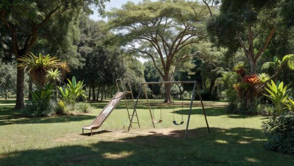 Parque público brasileiro com equipamentos de playground infantil