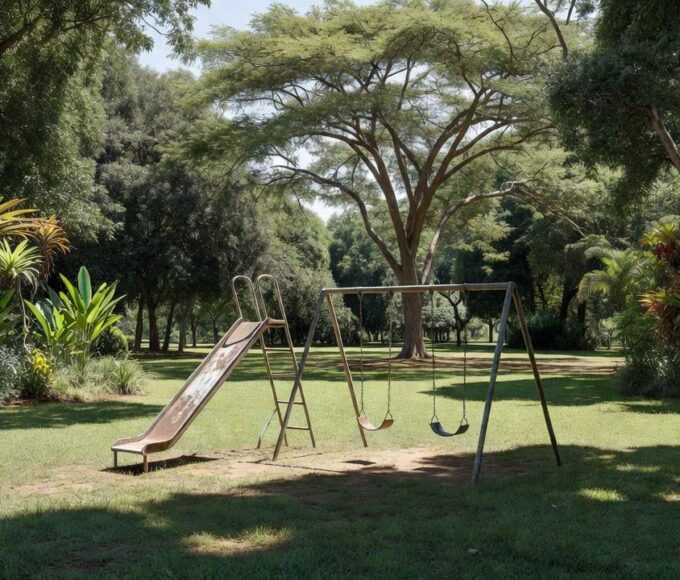 Parque público brasileiro com equipamentos de playground infantil
