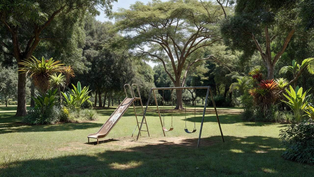 Parque público brasileiro com equipamentos de playground infantil