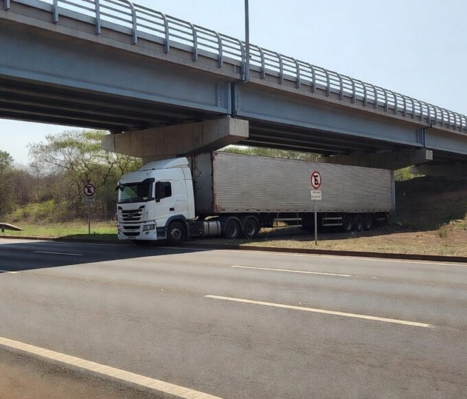 Carreta presa em viaduto da EPIA Sul em Brasília