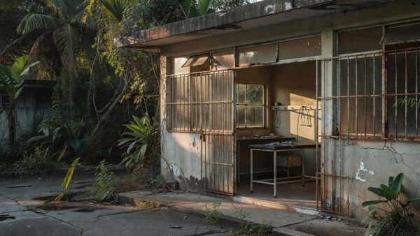 Unidade de saúde do SUS com sinais de abandono representando cortes e ameaças políticas