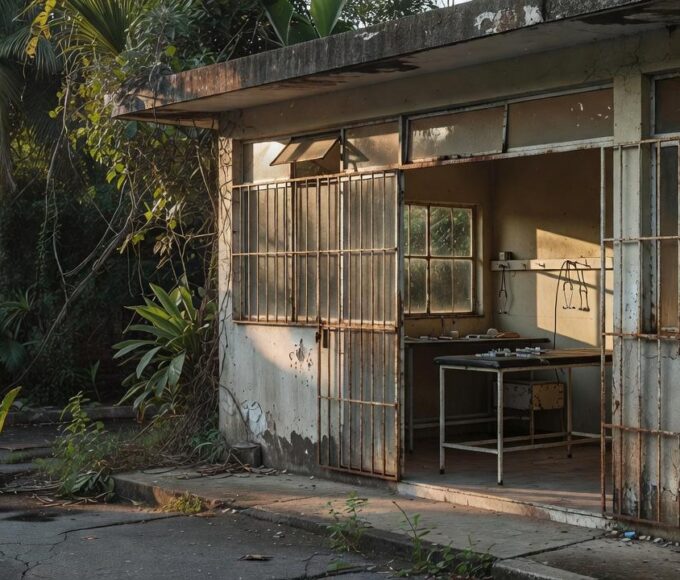Unidade de saúde do SUS com sinais de abandono representando cortes e ameaças políticas