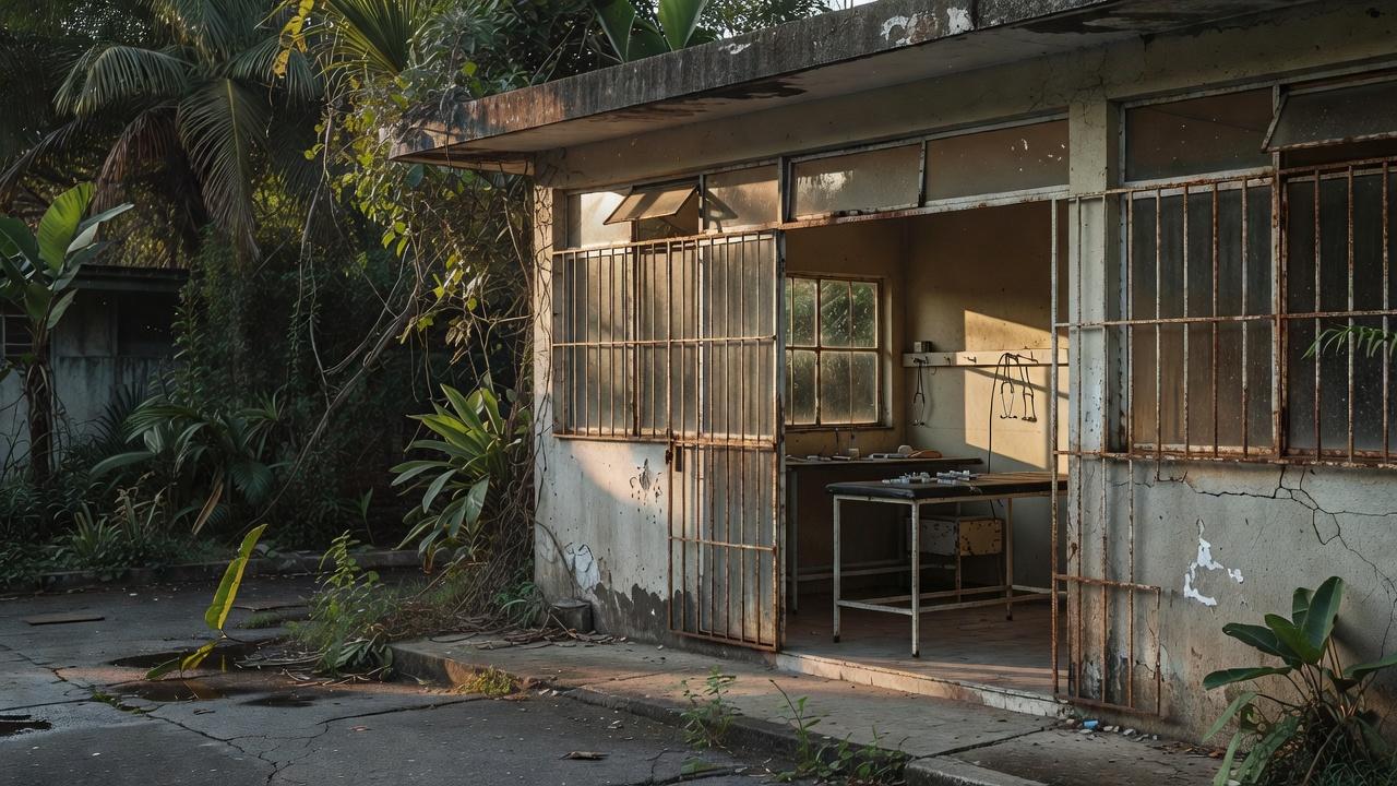 Unidade de saúde do SUS com sinais de abandono representando cortes e ameaças políticas