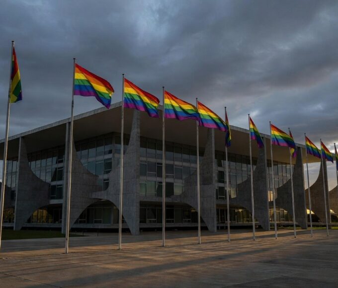 Fachada da CLDF com bandeiras arco-íris simbolizando Orgulho LGBTI+ e falta de políticas contra discriminação