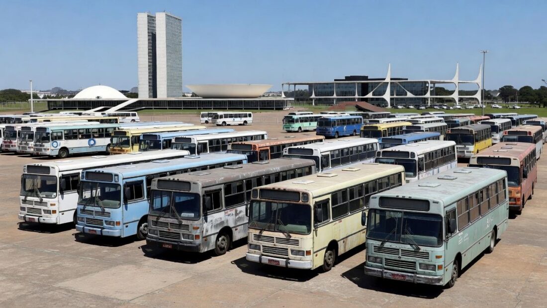 Frota de ônibus da Viação Marechal estacionada em Brasília