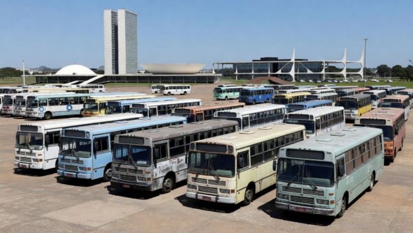 Frota de ônibus da Viação Marechal estacionada em Brasília