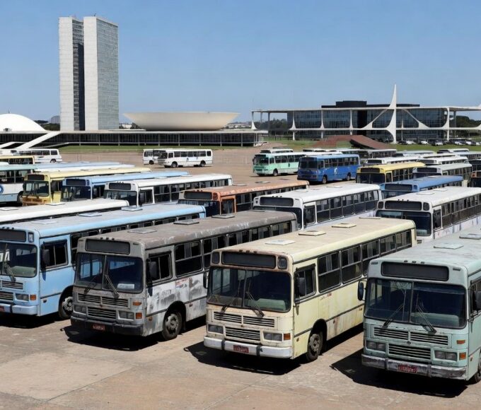 Frota de ônibus da Viação Marechal estacionada em Brasília