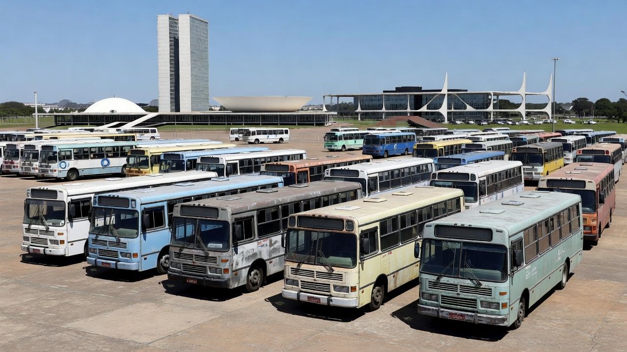 Frota de ônibus da Viação Marechal estacionada em Brasília
