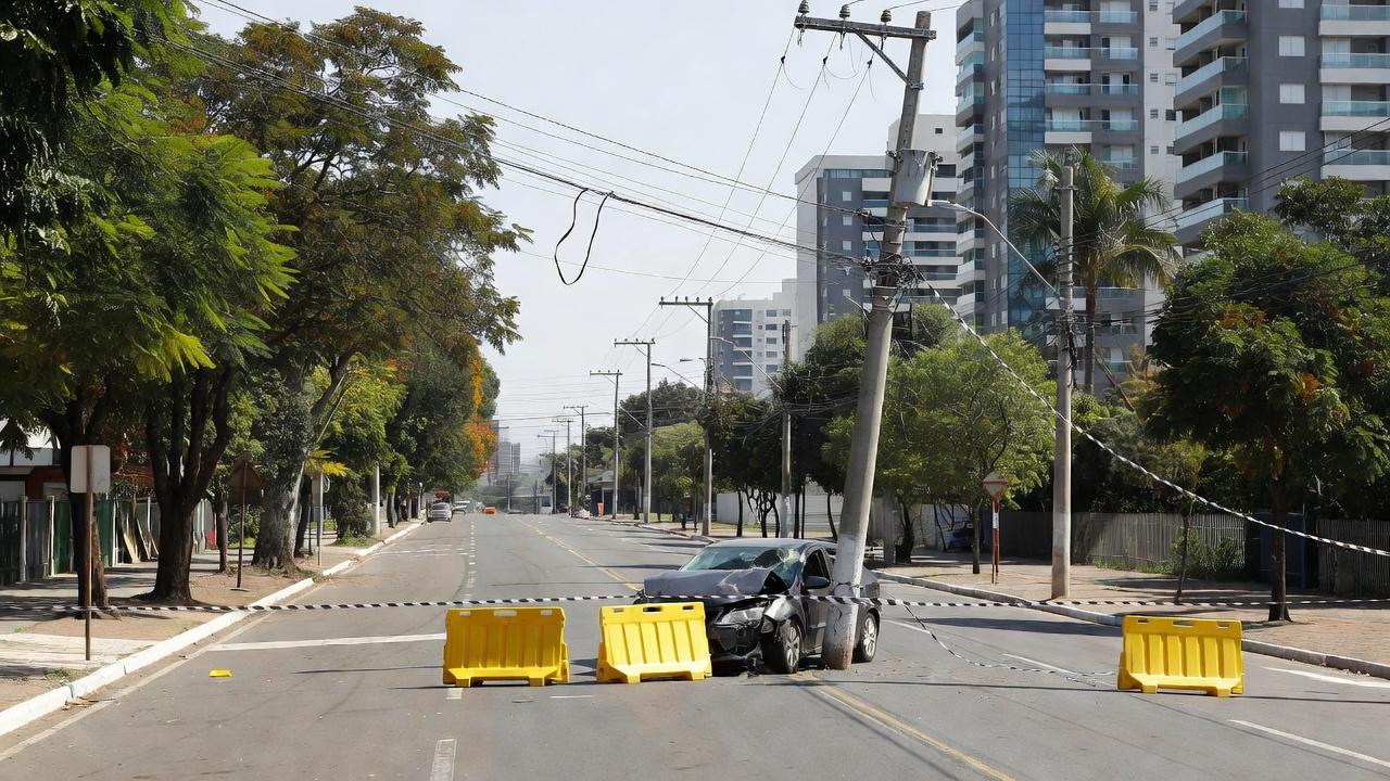 Carro colidido em poste de energia interdita avenida em Águas Claras
