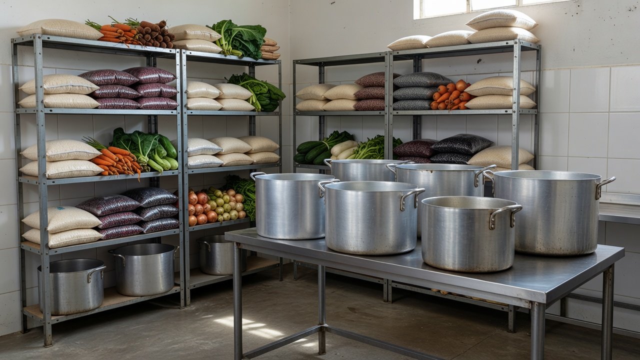 Cozinha solidária em Brasília com equipamentos para preparo de refeições