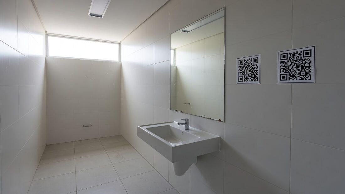 Adesivo com QR Code em banheiro público do DF para suporte contra violência doméstica