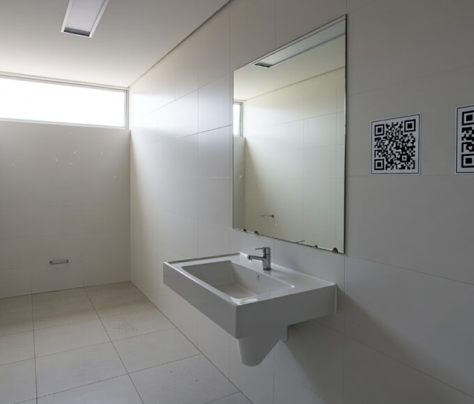Adesivo com QR Code em banheiro público do DF para suporte contra violência doméstica