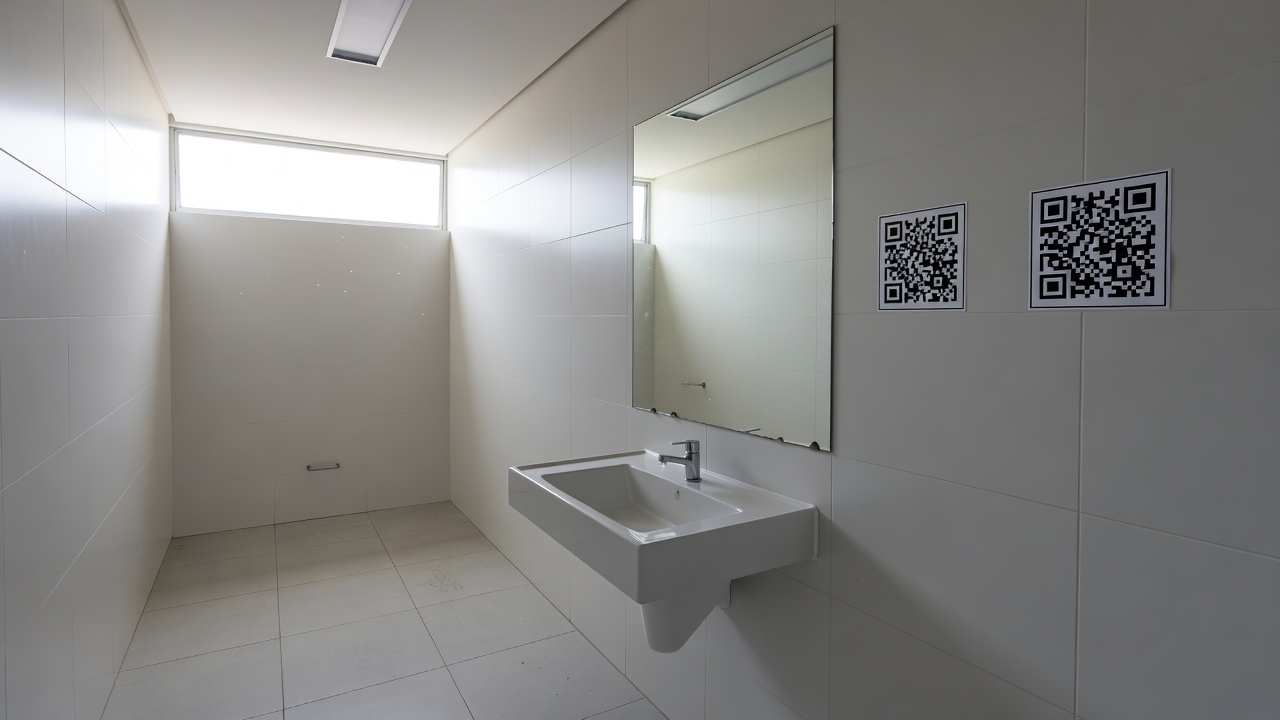 Adesivo com QR Code em banheiro público do DF para suporte contra violência doméstica