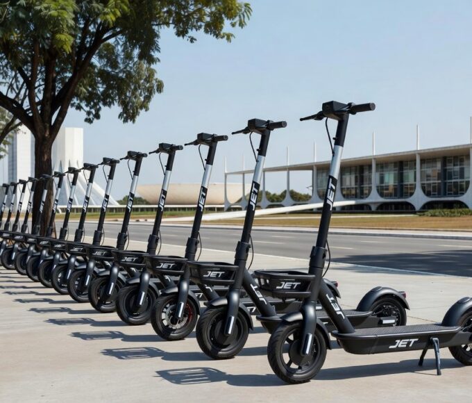 Patinetes elétricos da JET em área urbana de Brasília, Distrito Federal
