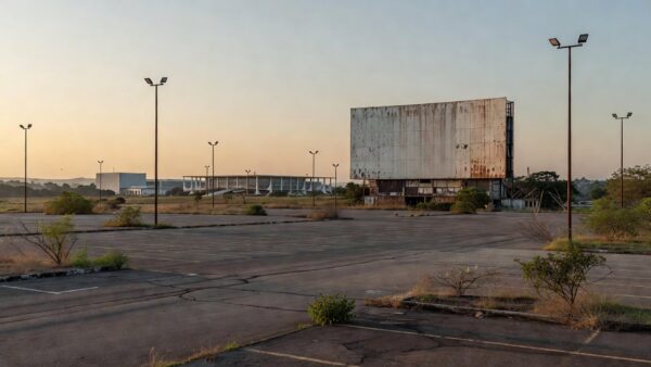 Drive-in cinema antigo e decadente representando o Aut Cine Drive-in no Brasil